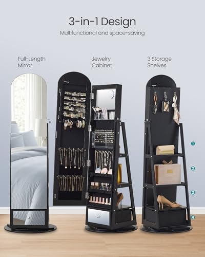SONGMICS 360° Swivel Jewelry Cabinet, Full-Length Mirror, Lockable