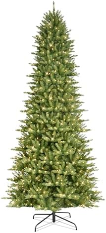 Puleo International 7.5ft Pre-Lit Slim Fraser Christmas Tree with 500 Warm White LED Lights, 1453 Realistic Dense Branch Tips, Easy Setup Artificial Trees with Sturdy Metal Stand