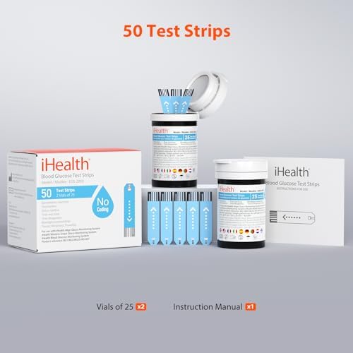 iHealth Blood Glucose Test Strips, 50 Count, No Coding, for iHealth Meters | Compatible with iHealth Meters Only, 0.7 µL Sample, 5-Second Results, Two-Vial Freshness, Blood Sugar Test Strips