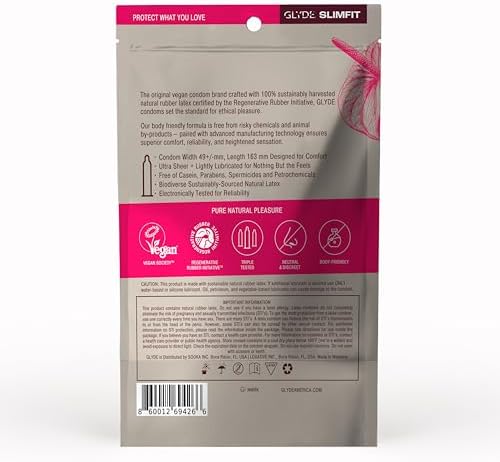 GLYDE Slimfit Snug Fit Condoms - Ultra-Thin Small Size - 12 Count, 49mm | Fragrance-Free, Lightly Lubricated, Body-Friendly, Vegan Formula Condoms, Strong and Secure Fit for Comfort and Natural Feel