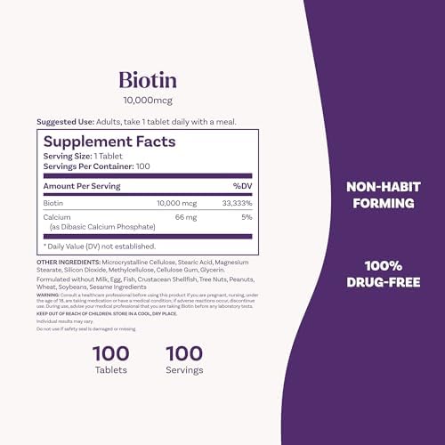 Natrol Biotin 10000mcg, 4X Faster Dissolve Supplement for Healthy Hair, Skin and Nails for Those Low in Biotin, Plus Energy Metabolism Support, 60 Tablets, Up to a 60 Day Supply