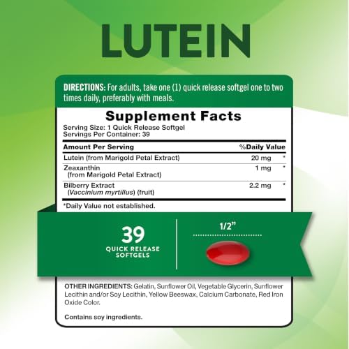 Nature's Truth Lutein and Zeaxanthin | 20 mg | 39 Softgels | with Bilberry | Non-GMO & Gluten Free Supplement
