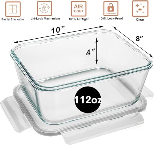 Razab 3300 ml / 112 oz Large Glass Food Storage Containers with Lids, Airtight, Leakproof, BPA Free - Ideal for Meal Prep, Store Leftover & Lunch, Baking Casserole - Freezer, Microwave & Oven Safe
