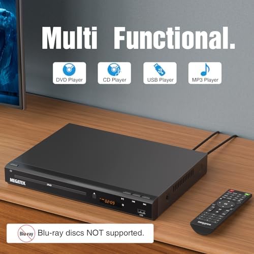 MEGATEK Region-Free DVD Player for TV with HDMI & 1080P Upscaling | CD/DVD/USB Playback, Compact Metal Housing, Coaxial Audio, LED Display