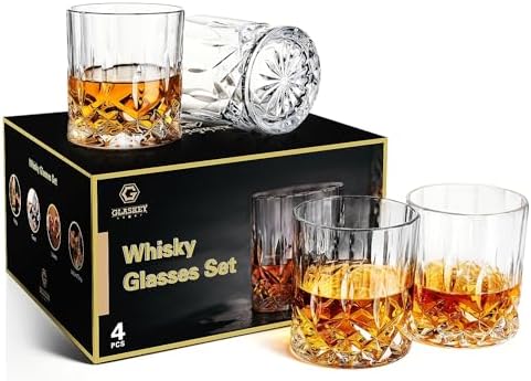 GLASKEY 12 oz Storm Japanese Whiskey Glasses Set of 4, Unique Cognac Glasses, Heavy Thick Bottom Bar Glass for Scotch Bourbon Rum Gin Water Cocktail,Gifts Men Gifts Ideas