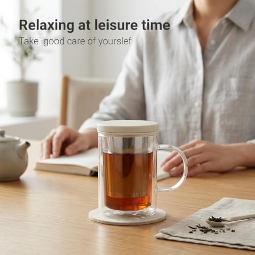 emoi 15 oz Glass Tea Cup with Infuser & Lid, Ideal for Loose Leaf Tea, Gray | Tea Mug with Extra Fine Mesh 304 Stainless Steel Steeper & Silicone Lid