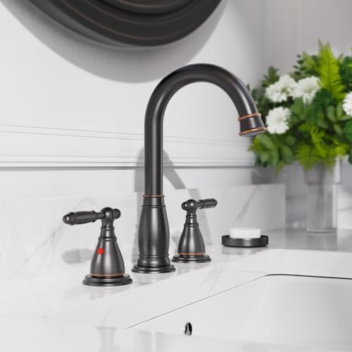 2-Handle 8 Inch 3 Hole Oil Rubbed Bronze Widespread Bathroom Faucets, with Valve and Metal Pop-Up Drain, WF017-4-ORB