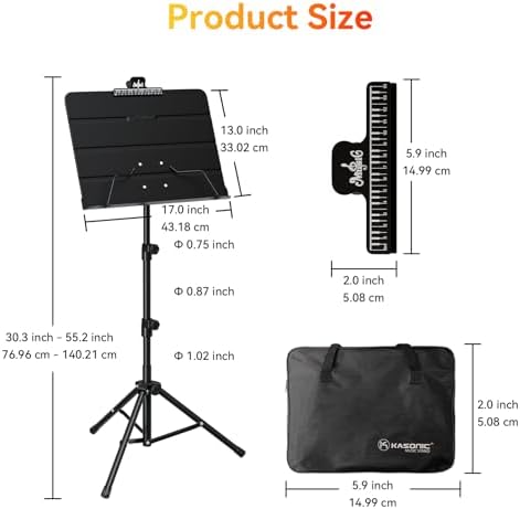 K KASONIC - Dual-Use Folding Sheet Music Stand & Desktop Book Stand with Portable Carrying Bag, Sheet Music Folder & Clip Holder (Black)