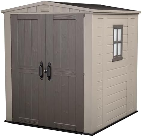 Keter Factor (8x6 ft) Large Resin Outdoor Storage Shed for Patio Furniture, Lawn Mower, Garden Accessories Yard Tools, and Pool Toys, Taupe
