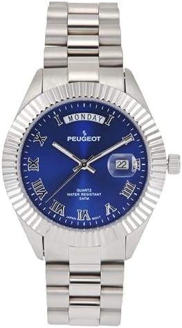 Peugeot Men's Stainless Steel Big Face Luxury Watch with Day Date Windows, Roman Numerals & Coin Edge Fluted Bezel Watch