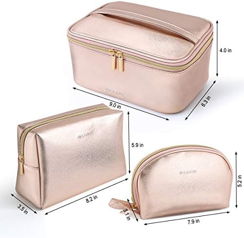 MAANGE 3 Pcs Makeup Bag Portable Travel Cosmetic Bag Large Makeup Bag Organizer with Gold Zipper Waterproof Toiletry Bags for Women and Girls(Rose