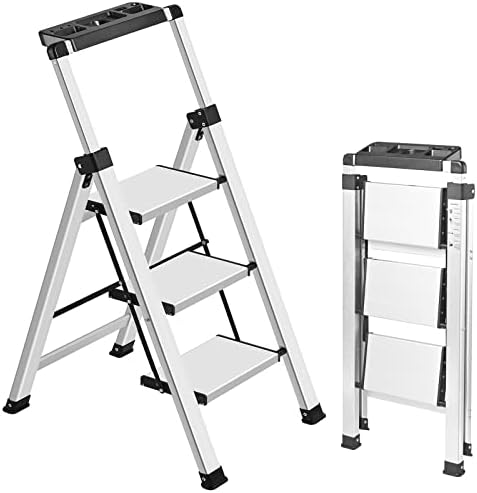 XinSunho 3 Step Ladder, Aluminum Folding Stool with Retractable Handgrip