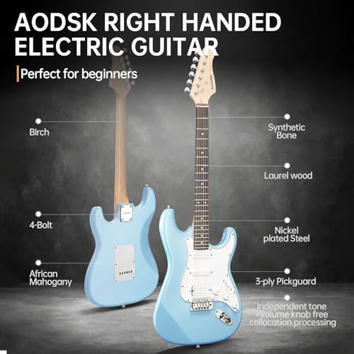 AODSK Electric Guitar with Amp Beginner Kit 39 Inch Solid Body Full Size, All Accessories, Digital Tuner, Six Strings, Four Picks, Tremolo Bar, Strap