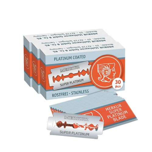 MERKUR SUPER Double Edge Safety Razor Blades, 10 Count (Pack of 3), Precision Stainless Steel Blades with Platinum and Teflon Coating