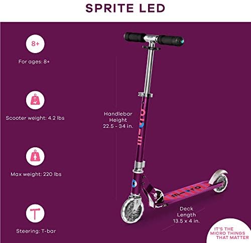 Micro Kickboard | Sprite Foldable LED Scooter for Ages 6+ | Children up to 220 lbs | 2 Wheel | Travel Ready | Adjustable T Bar | Smooth Ride