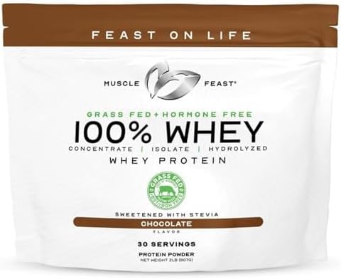 Muscle Feast 100% Grass Fed Whey Protein Powder Blend, Chocolate (2lb) | Whey Concentrate, Isolate & Hydrolyzed Protein Powder, All Natural, Hormone Free Pasture Raised Whey Protein for Women & Men
