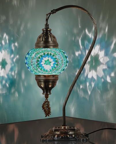 DEMMEX Turkish Table Lamp Moroccan Bedside Light Handmade Tiffany Mosaic Glass Boho Artisan Accent Lighting for Bedroom Living Room, Antique Brass Finish – 15" H, Multicolor