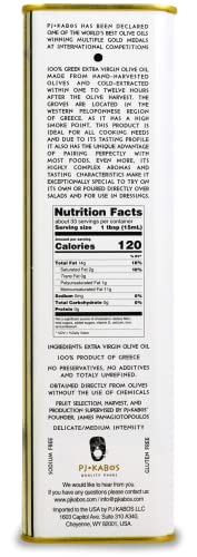 P.J. KABOS Fresh 2025/26 Harvest, High Phenolic (400+mg/kg), Natural Greek Extra Virgin Olive Oil, Kosher, Greece, Cold Extracted, 16.9 oz Tin, Koroneiki, "Family Reserve -Medium"