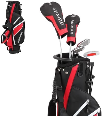 Aspire Junior Plus - Kids Complete Golf Club Set | Aircraft-Grade Aluminum, 15% Larger Clubhead, 7 Iron & Pitching Wedge, Progressive Flex Shafts, Rain Hood, 2 Headcovers