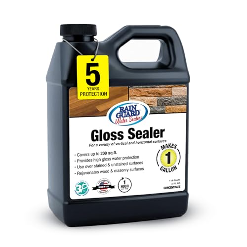 Rainguard Clear Gloss Sealer, Wet Look Water Based Silicone Acrylic Waterproofer for Concrete, Wood, Brick, Stone & Masonry Surfaces, Ready to Use, 1 Gallon | Water Based Silicone Acrylic For Wood, Brick, Stone & Masonry Surfaces, Ready To Use For Pavers…