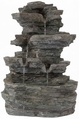 Tabletop Waterfall Fountain with Cascading Rock and LED Lights - Resin Tiered Stones for Office, Patio, and Home Decor by Pure Garden (Gray)