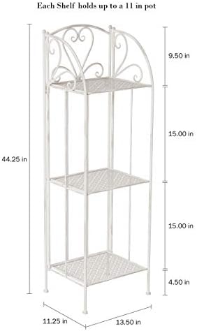 Plant Stand 3-Tier Vertical Shelf Indoor or Outdoor Folding Wrought Iron Home Garden Display with Laser Cut Shelves by Pure Garden (Antique White)