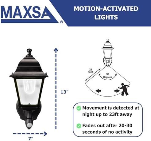 Maxsa 44219 Premium Wireless Battery-Powered Motion-Activated Decorative Outdoor Wall Sconce Lighting Fixture, Cool White LED, Metal Housing, Black