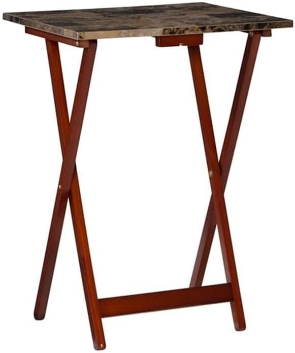 Riverbay Furniture 5 Piece TV Tray Table Set, Faux Marble Tops, Rubberwood and MDF, Brown Finish, Includes 4 Folding Tray Tables and 1 Storage Stand, Compact Design for Living Room or Home Use