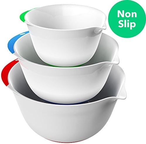 Vremi 3 Piece Plastic Mixing Bowl Set - Nesting Mixing Bowls with Rubber Grip Handles Easy Pour Spout and Non Slip Bottom - Three Sizes Small Large