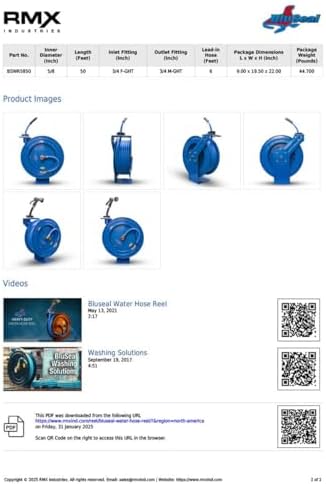 BLUSEAL BSWR5850 Retractable Hose Reel with 5/8" x 50' Hot Water Rubber Hose, 6' Lead-in, 500 PSI, Brass Fittings, Swivel Mount Hose Reel