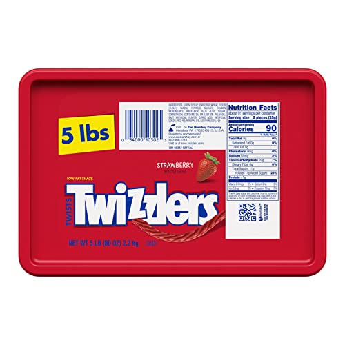 TWIZZLERS Twists Strawberry Flavored Licorice Style Candy Tub, 5 lb | Bulk Candy, Low Fat and Kosher, Resealable Tub for Parties