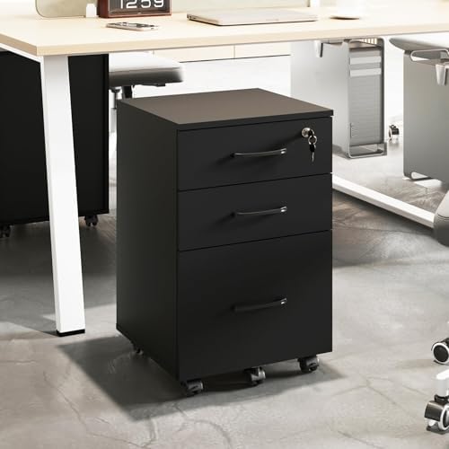 File Cabinet With Lock, 3 Drawer Wood Rolling Filing Under Desk for Home Office, Storage Fits Letter/A4 Size, Mobile Printer Stand, White