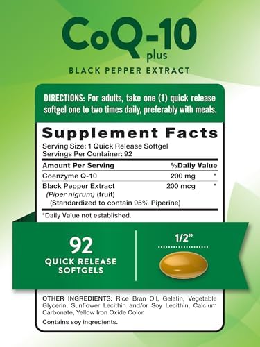 Nature's Truth CoQ10 200 mg Softgels | 92 Count | Enhanced Absorption | with Black Pepper Extract | Non-GMO & Gluten Free Supplement | with Black