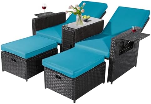 5PCS Outdoor Wicker Chaise Lounge Chair - Rattan Adjustable Reclining Patio Lounge Chair with Ottoman and Coffee Table