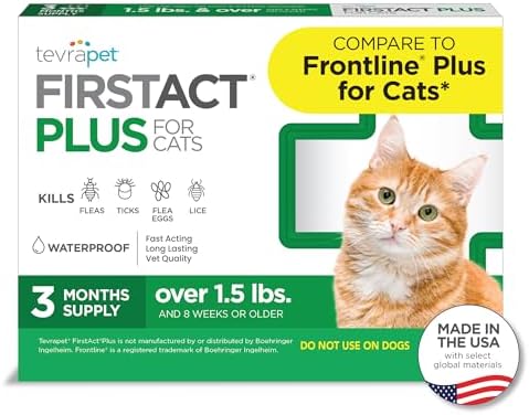 TevraPet FirstAct Plus Flea and Tick Topical for Cats over 1.5lbs, 3 Dose Waterproof Flea and Tick Control/Prevention for 3 Months