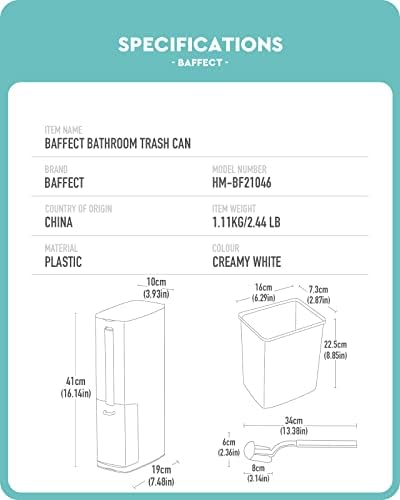 Baffect 2 Liter White Slim Bathroom Trash Can with Lid and Toilet Brush Holder | RV Small Bathroom Trash Bin With Hidden Long Handle Toilet Rim Brush