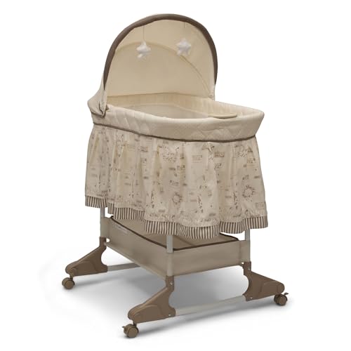 Delta Children Portable Rocking Bassinet for Newborns Bedside Sleeper Crib with Gentle Vibrations, Nightlight, Soothing Music, Adjustable Canopy