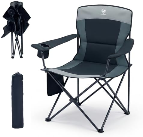 EVER ADVANCED High Back Folding Camping Chair Oversized and Fully Padded, Portable Quad Camp Lawn Chair Up to 400 lbs, with Cup Holder Armrest Carrying Bag