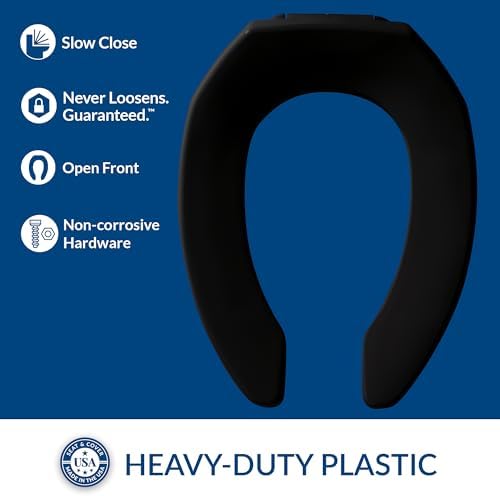 CHURCH 295CT Commercial Open Front Plastic Toilet Seat, Heavy Duty Industrial Seat without Lid, Secure Installation for Long Lasting Use, Made in USA, Elongated, Black