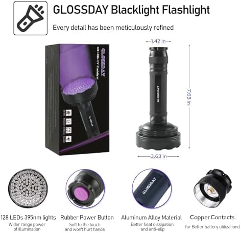 GLOSSDAY Blacklight Flashlight,128 LED UV Flashlights, Upgraded Bright Ultraviolet Flashlight Professional Black Light for Dog/Cat, Hunting Scorpions