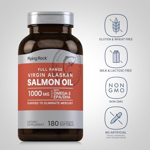Piping Rock Wild Alaskan Salmon Oil for Humans | 1000mg | 180 Softgel Capsules | Omega 3 Supplement with EPA and DHA | Non-GMO and Gluten Free