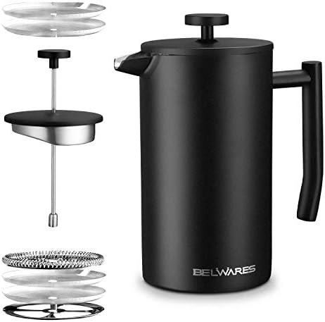 Belwares French Press Coffee Maker 34 Oz - Insulated Coffee Press Stainless Steel 304 - Double Wall & 4 Level Filtration System (1 Liter) - Black