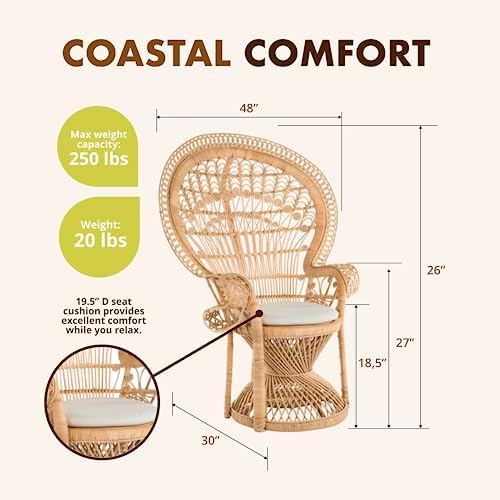 KOUBOO Grand Pecock Retro Peacock Chair in Rattan with Seat Cushion, Natural Color, Large