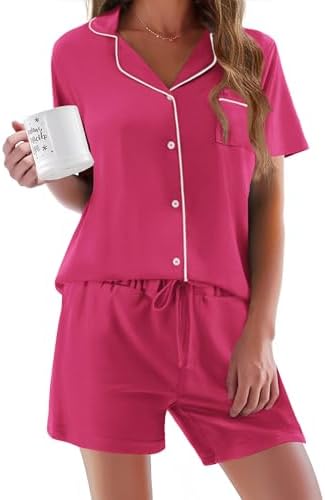 Ekouaer Pajamas Set for Women Short Sleeve Sleepwear Button Down Pj XS-XXXL | Summer 2 Piece Lounge Set, Soft Fabric, Drawstring Waistband, for Bridesmaid Bride Party, Plus Size, Petite, Cute Pattern