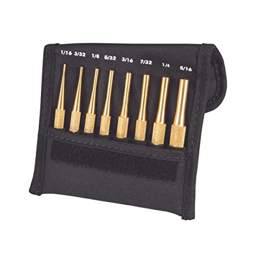 Starrett Brass Drive Pin Punch Set, 4" Length, 1/16"-5/16" Dia, 8 Pieces | With Knurled Grip in Protective Fabric Pouch, Non-Sparking