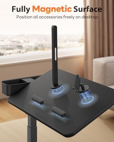 SAIJI Magnetic Height and 360° Angle Adjustable Overbed Bedside Table Tray | Lengthened Over Bed Desk with Wheels