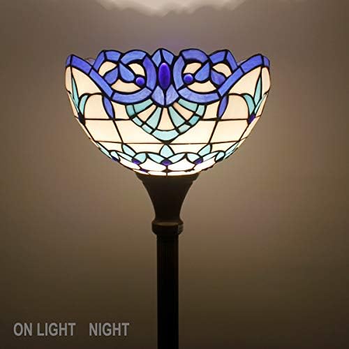 WERFACTORY Tiffany Floor Lamp Navy Baroque Stained Glass Torchiere Light | 12X12X71 Inches Pole Blue Standing Corner Torch Uplight Decor Bedroom