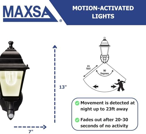 Maxsa 44219 Premium Wireless Battery-Powered Motion-Activated Decorative Outdoor Wall Sconce Lighting Fixture, Cool White LED, Metal Housing, Black