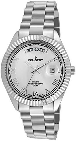 Peugeot Men's Stainless Steel Big Face Luxury Watch with Day Date Windows, Roman Numerals & Coin Edge Fluted Bezel Watch