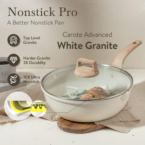 CAROTE 12 Inch Nonstick Deep Frying Pan with Lid, 5.5 Qt Black Granite | Kitchen Non-Toxic PFOA Free Cookware, Covered Sauté Pans All Stovetops Compatible, Easy to Clean
